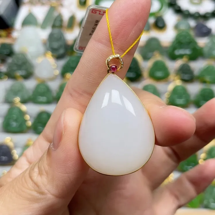 猴教授珠宝18k金纯天然和田玉超细水滴吊坠女士吊坠