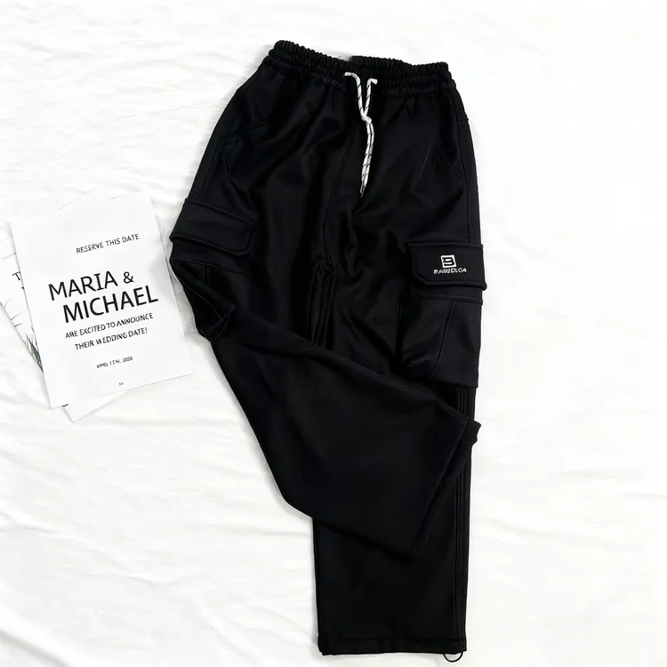 男童时尚大口袋工装梭织运动阔腿裤长裤冬季加绒黑色百搭潮流秋季