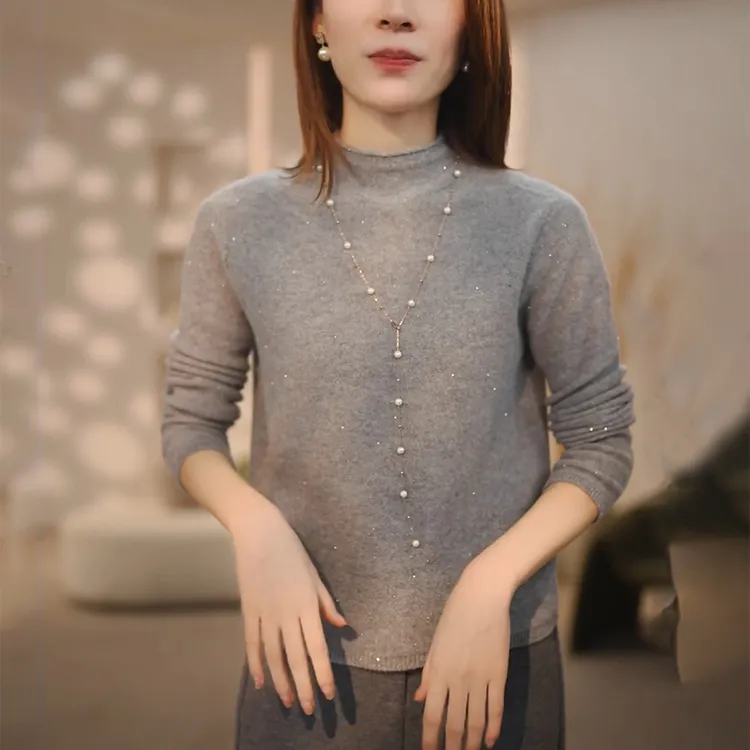 灰色半高领长袖针织衫女秋冬新款高级感修身显瘦内搭打底毛衣上衣