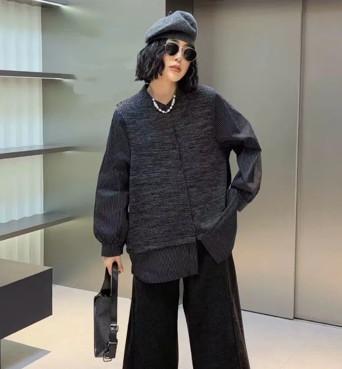 奇奇家时尚韩版大码女装2025冬季设计感针织拼接假两件打底衬衫