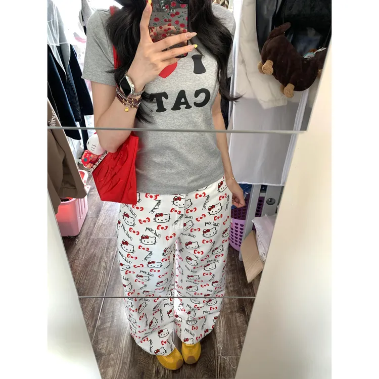 卡通可爱kitty猫咪印花白色阔腿牛仔裤女2025新款直筒宽松慵懒风