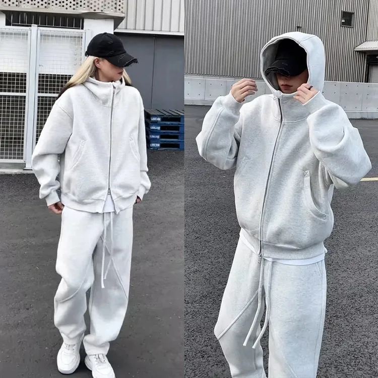 秋冬季美式重磅休闲运动套装加绒加厚男装连帽卫衣开衫阔腿两件套