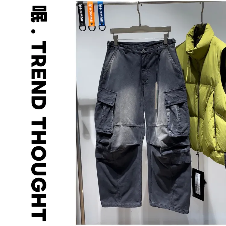 呡 . TREND THOUGHT丨JIUJIN加绒加厚多口袋废土风宽松直筒工装裤