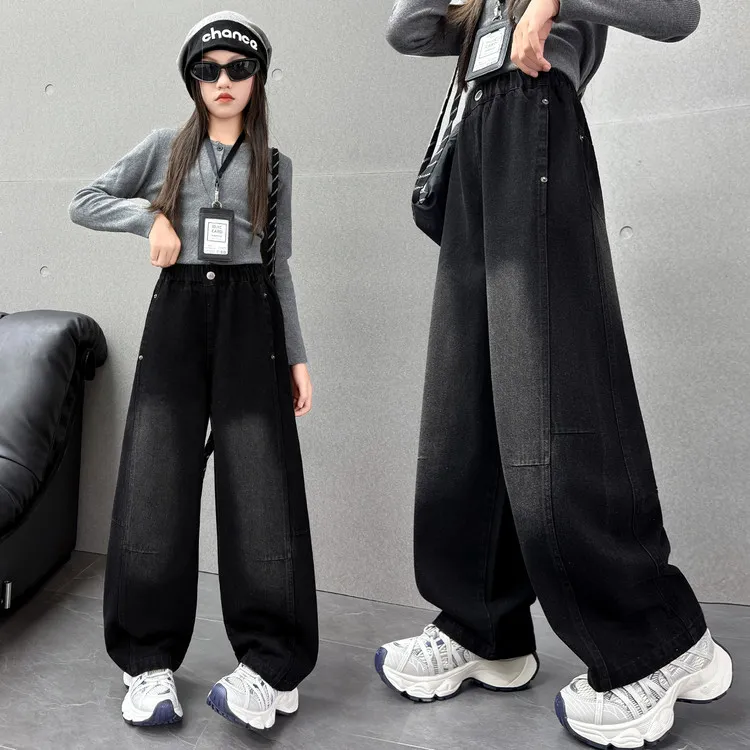 女童裤子春秋韩版中大童宽松弯刀裤洋气女孩休闲阔腿裤儿童牛仔裤