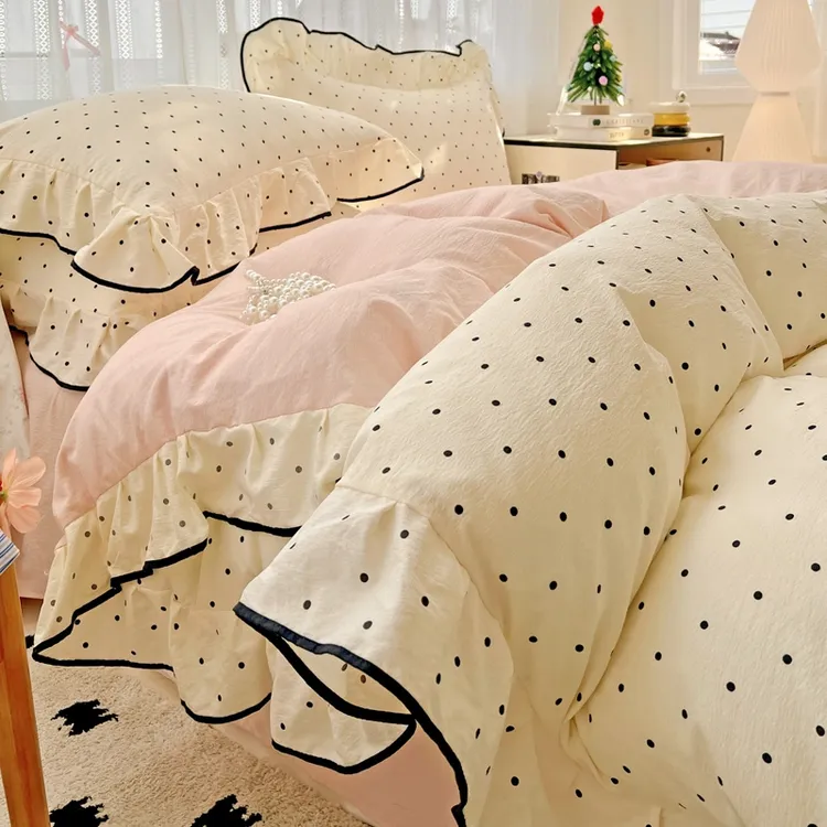 2025新款开学季韩式云感针织棉大花边木耳边四件套公主风四件套