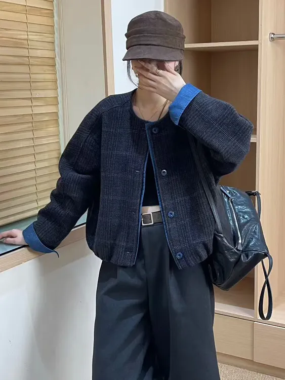 单排扣圆领格纹羊毛呢短款外套女2025秋新款时尚百搭加厚夹克上衣