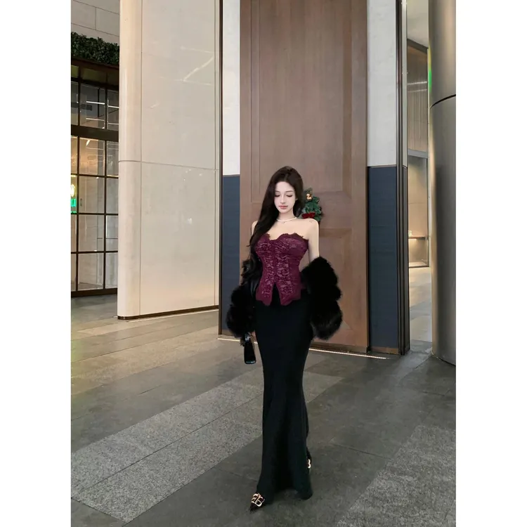 蕾丝拼接无袖抹胸背心女秋冬束腰修身内搭纯欲设计感紫色上衣外穿