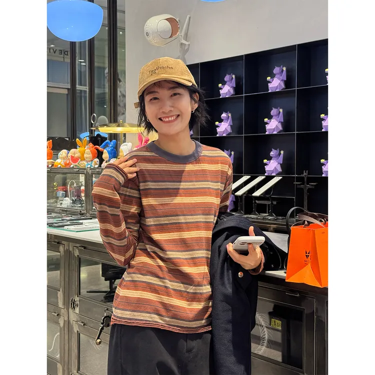 LANGQING 复古简约文艺条纹撞色纯棉长袖T恤46961#