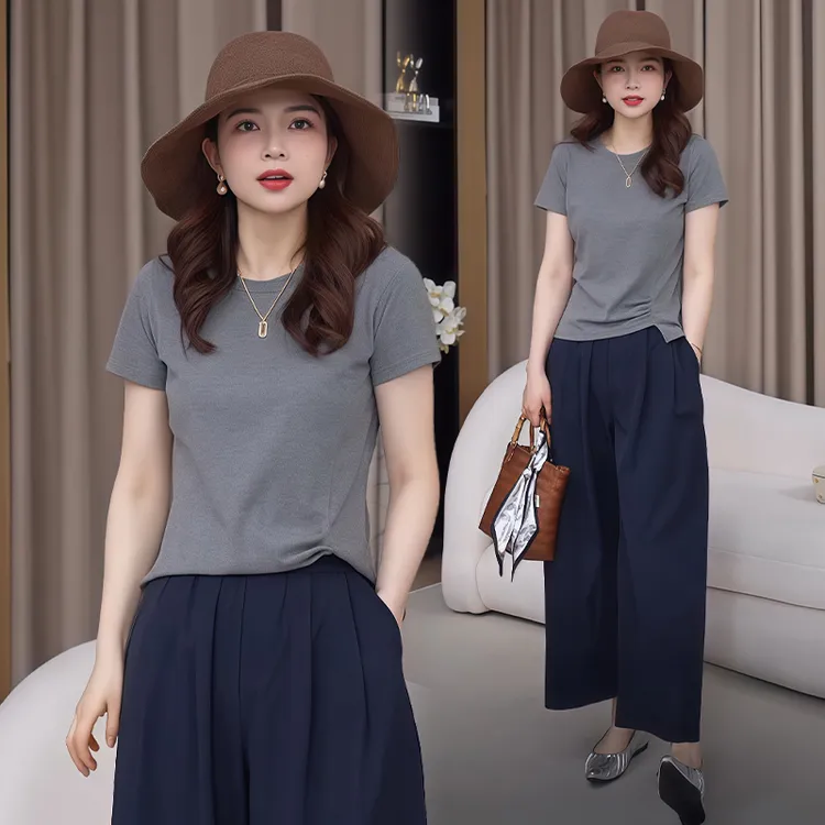 高含棉时髦圆领褶皱拼接短袖t恤女2025夏季新款韩版休闲显瘦上衣