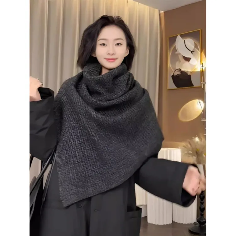 高级感深灰色高领针织围巾围脖女法式冬季叠穿开叉套头披肩斗篷厚