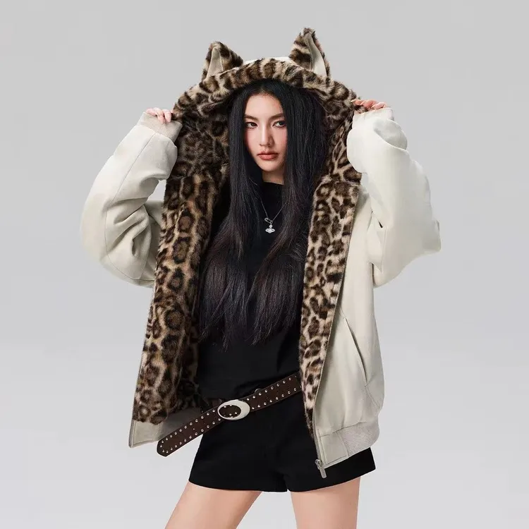 美式复古豹纹猫耳朵连帽棉衣外套2025冬新款宽松百搭加厚情侣棉服