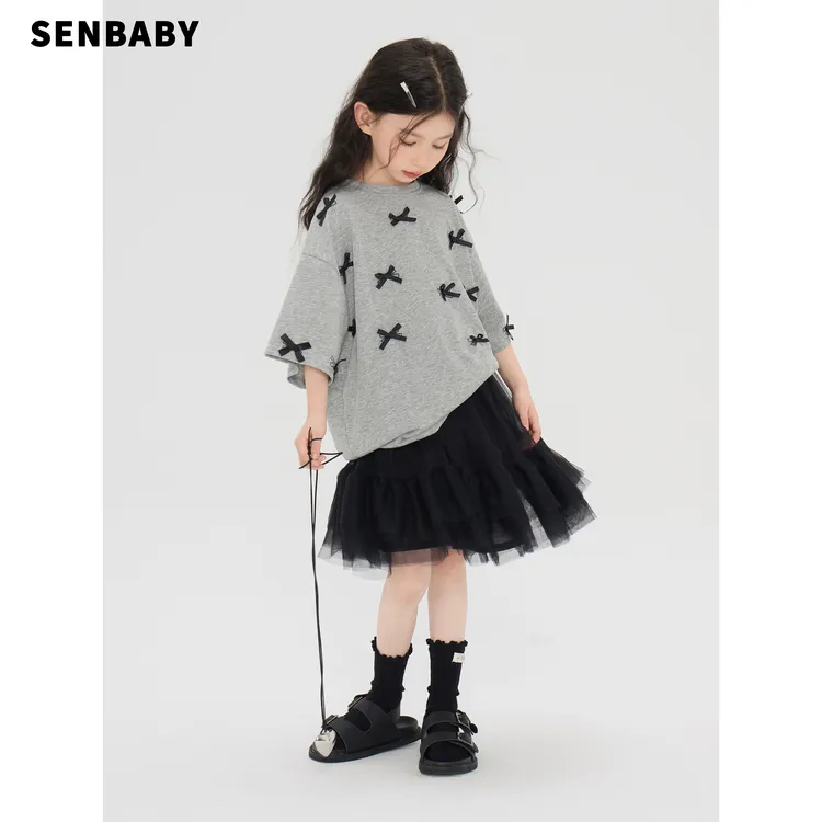 【现货】senbaby女童短袖灰色T恤2025夏季新款宽松上衣蝴蝶结T恤