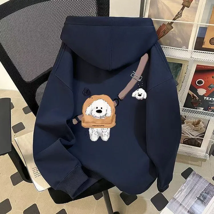 纯棉重磅银狐绒小狗挎包连帽卫衣男女生秋冬季宽松高街小众上衣服