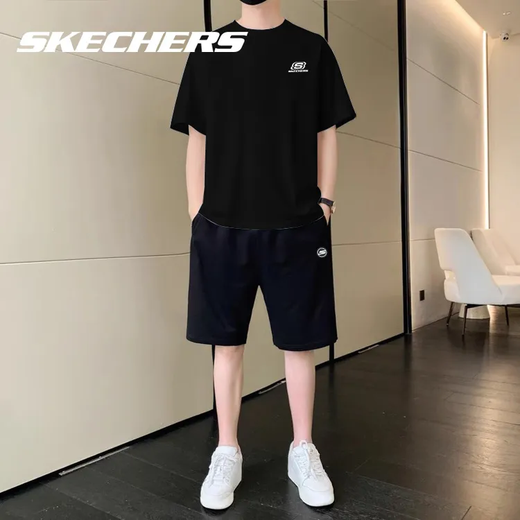 斯凯奇黑色运动套装男短袖短裤宽松透气T恤五分裤吸汗休闲两件套