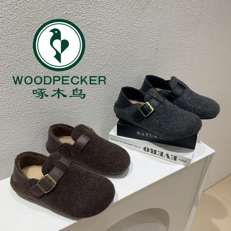 啄木鸟内增高两穿勃肯鞋女2025冬新款复古懒人包头鞋厚底加绒棉鞋