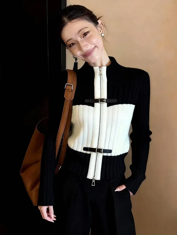 欧货时尚轻奢高级感黑色拉链针织开衫女2026秋季新款休闲宽松上衣