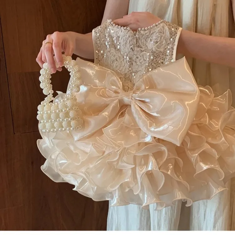 高级女童蝴蝶结连衣裙夏季生日走秀公主蛋糕裙蓬蓬仙纱裙演出礼服