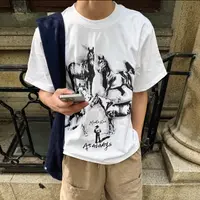 D39#美式复古骏马印花短袖T恤男夏季ins潮牌圆领宽松休闲情侣上衣