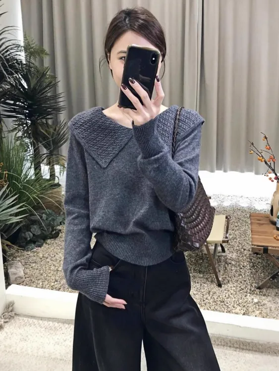 韩版时尚大翻领针织衫毛衣女外穿2025秋冬新款宽松慵懒风气质上衣