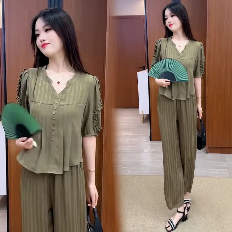 洋气减龄女士套装2025年夏季新款设计感抽褶衬衣宽松阔腿裤两件套