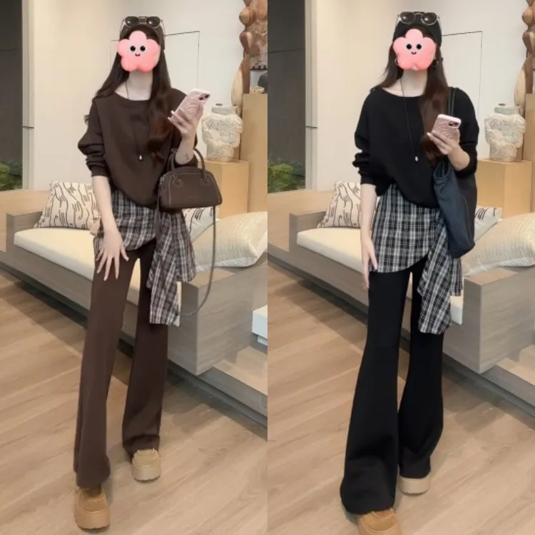 秋季洋气套头宽松斜肩卫衣+拼接格子微喇裤时尚套装LK2505711