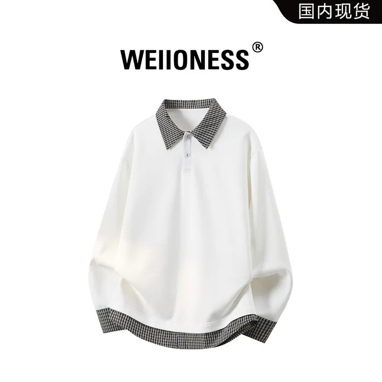 WEIIONESS美潮男装假两件卫衣男2026春季新款学院风格纹休闲上衣