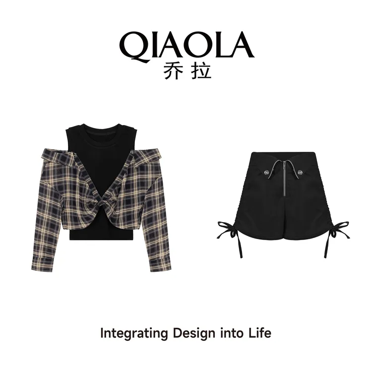 QIAOLA/乔拉【情书邮递】夏季梭织格纹假两件百搭上衣套装预售