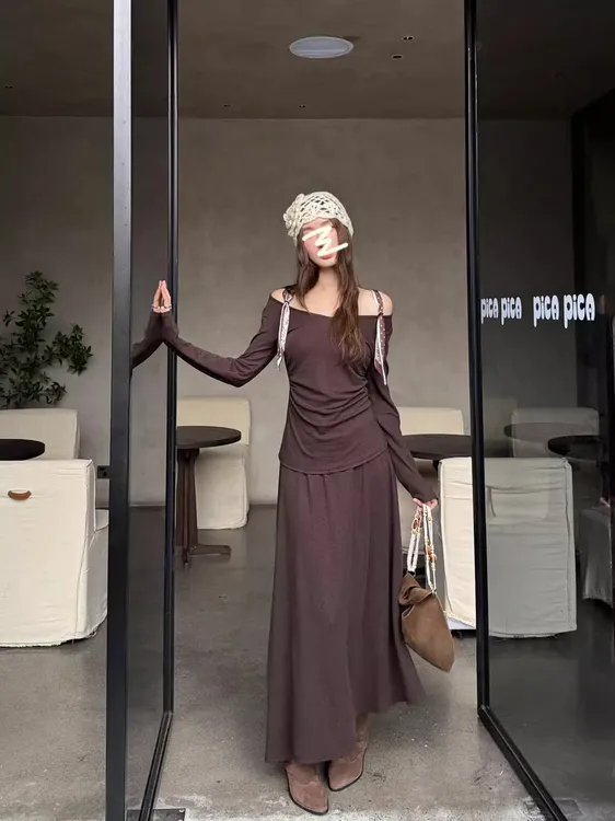 美拉德慵懒风休闲套装长袖上衣打底衫女秋季复古A字半身裙两件套