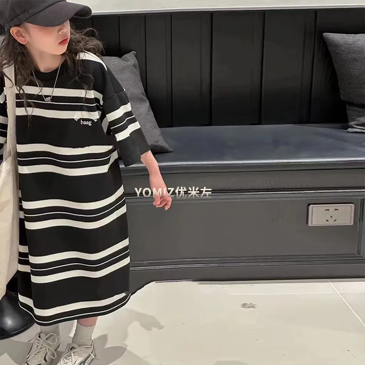 女童条纹T恤裙短袖夏装新款韩国童装儿童中大童连衣裙过膝长裙子