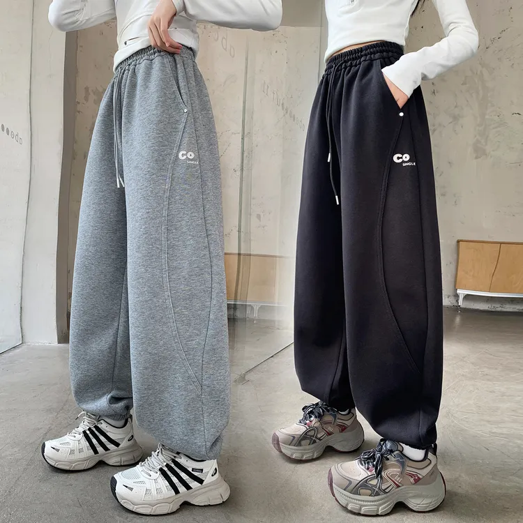 儿童运动卫裤女童裤子中大童长裤灰色弯刀针织春秋新款装季胖孩潮
