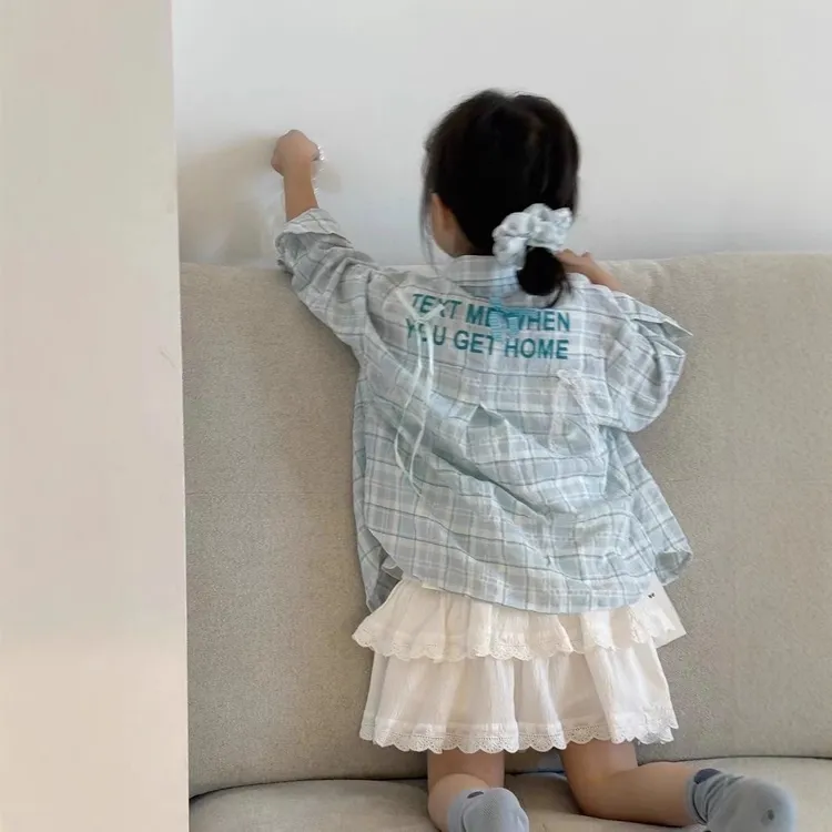 女童春夏季新款套装洋气女宝宝格子衬衫休闲宽松短裙时尚套装