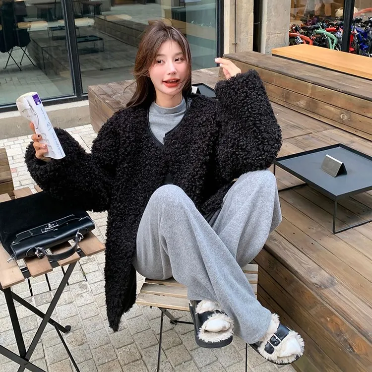 【奥莱撤柜】韩版气质黑色羊羔毛外套女2025冬季新款宽松显瘦加厚