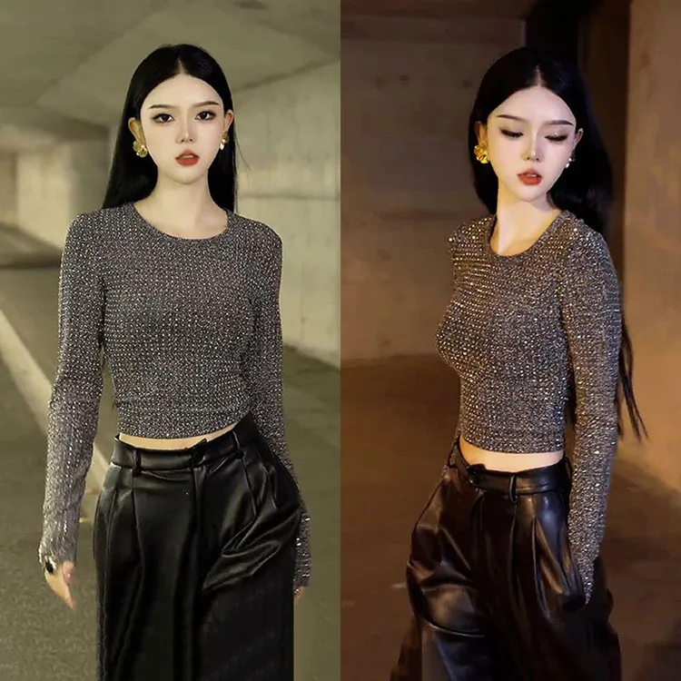 【现货】2025新款气质碎闪星河闪钻设计感长袖上衣+皮裤两件套