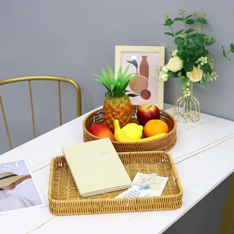 手工编织仿藤塑料圆形水果篮子零食面包收纳篮家用收纳杂物储物筐