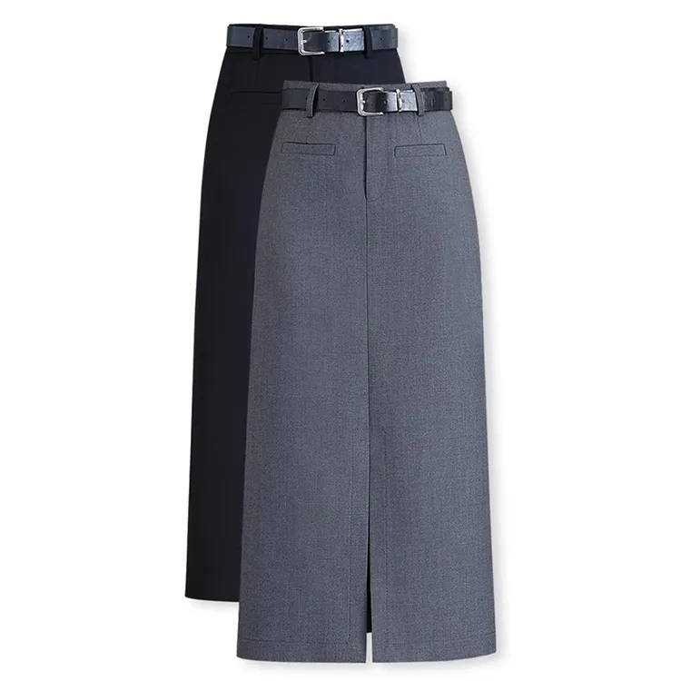 拉夏贝尔前开叉灰色西装半身裙女秋冬2026新款中长款高腰包臀裙