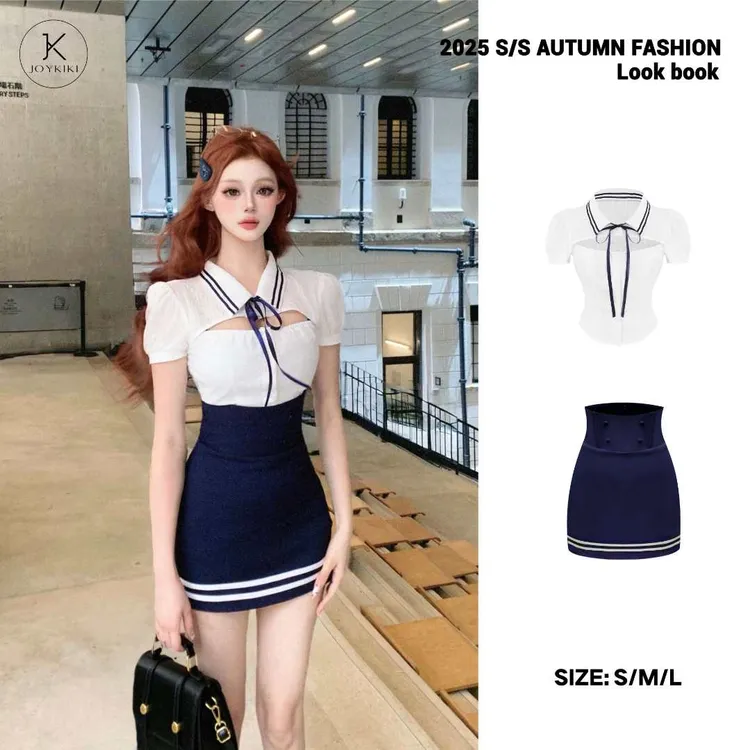 JOY KIKI鹅了么【少女曲线】高腰显瘦高智感学院撞色高腰裙J25C053