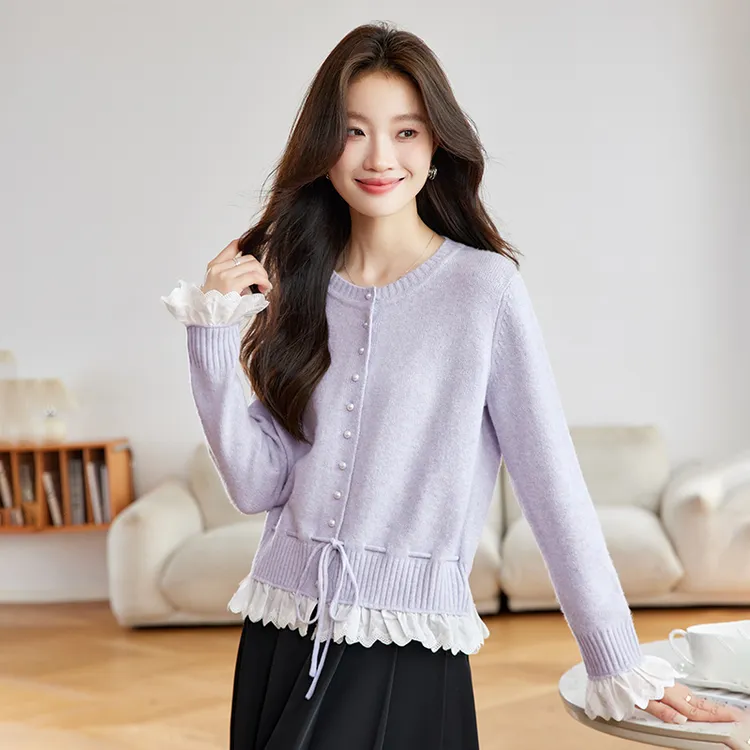 紫色针织衫女秋冬季2026新款软糯休闲珍珠花边拼接通勤风开衫上衣