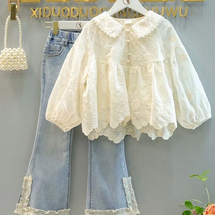 新品巴拉巴拉女童长袖小衬春季套装新款洋气蕾丝娃娃领衬衫儿童牛