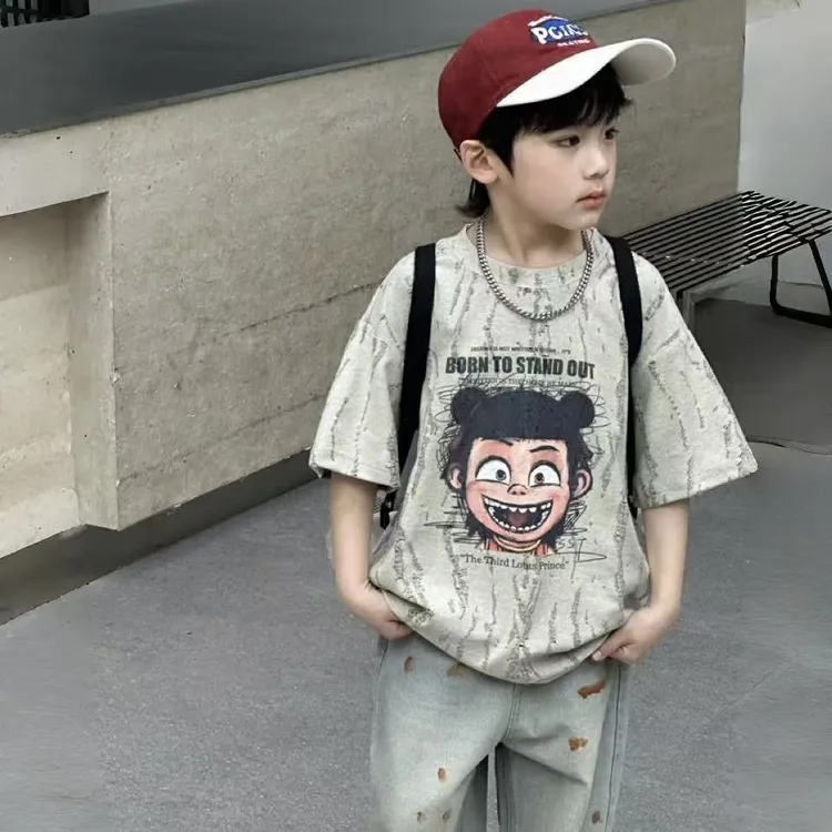 2025新款最新哪吒纯棉短袖夏季儿童宽松破洞T恤上衣S9223