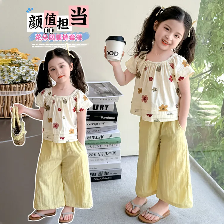 套装休闲夏季花朵女童中小童儿童洋气时尚薄款女孩宽松韩版甜美