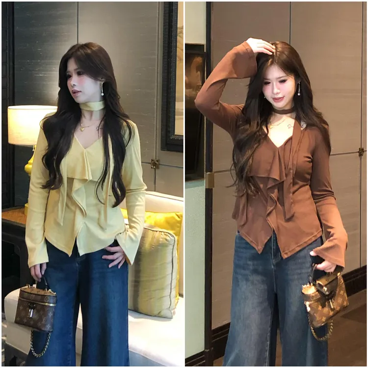 李潇洒【解构主义】微胖大码秋设计感荷叶边V领飘带慵懒感针织上衣