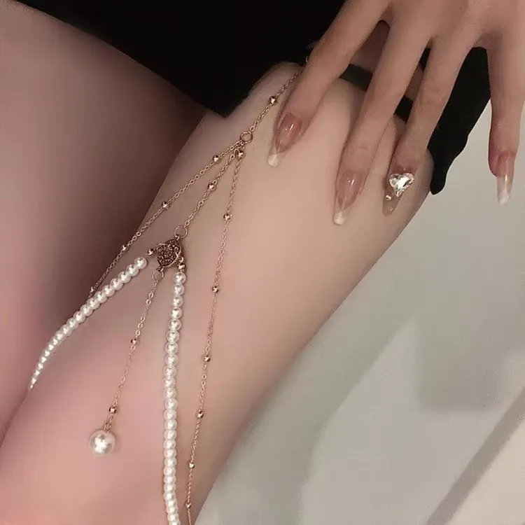 欧美夸张多层珍珠链条腿链女ins创意个性长款身体链饰品脚环腿带