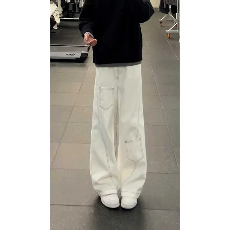 美式高街复古白色弯刀牛仔裤秋季男女设计感多口袋阔腿长裤潮小众
