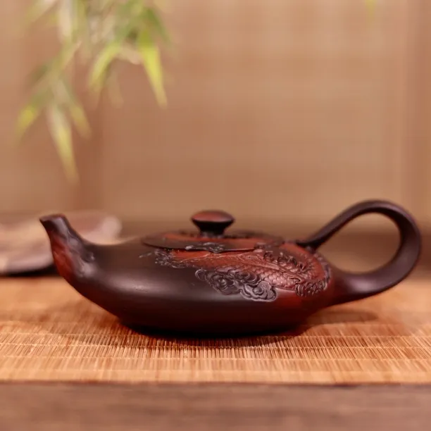 高档紫陶手工刻绘腾龙盛世凤鸣壶非紫砂茶壶家用陶瓷复古功夫茶具