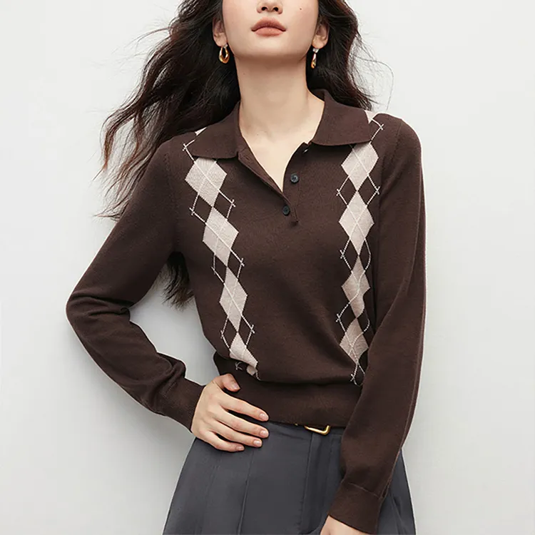 Polo领菱格针织衫女2025秋季新款洋气减龄修身显瘦内搭打底衫上衣