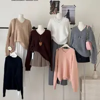 韩版纯色宽松v领针织毛衣女秋冬新款奶fufu慵懒设计感长袖上衣