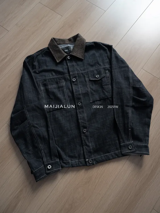 ZK复古色明线设计松弛感夹克男秋冬季水洗牛仔翻领休闲男装外套