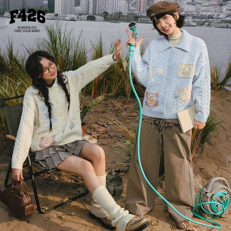 F426潮牌冬季新款复古休闲碎花蕾丝贴布浪漫保暖针织开衫毛衣8074