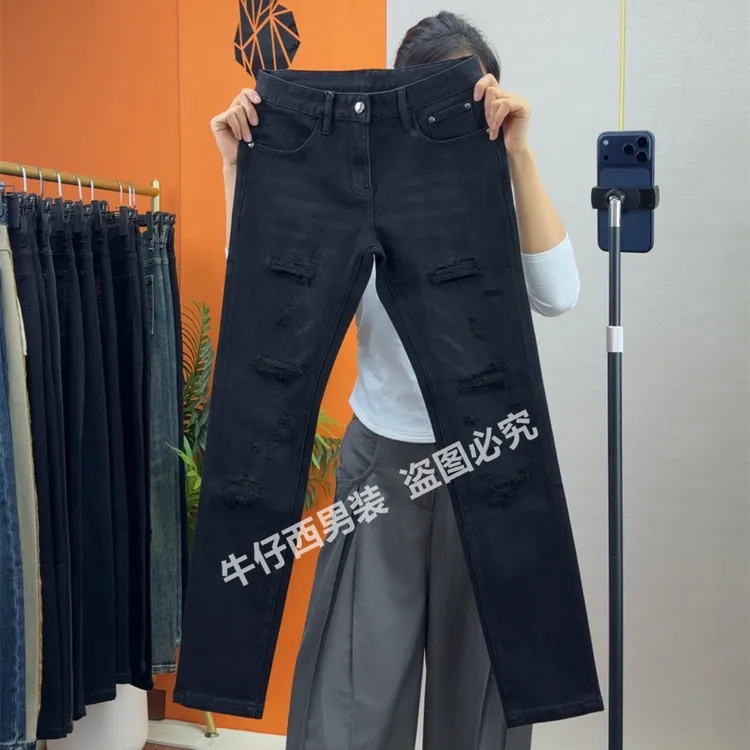 秋冬新品男士黑色假破洞牛仔裤修身小脚裤猫须设计休弹力闲长裤潮