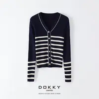 Dokky「金线乐章」定织金丝绵羊毛混纺.学院风条纹针织开衫D0098